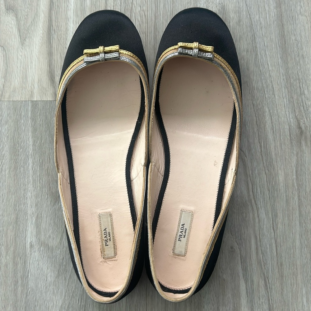 PRADA Silver & Gold Bow Trim Black Crepe Ballet Flats